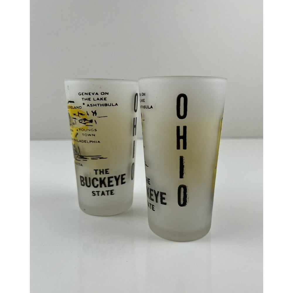 Vintage Set Of 2 Ohio Frosted Souvenir Glass Tumbler 4.75" Hazel Atlas Kitschy - Picture 4 of 12